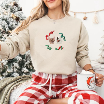 Custom Christmas Pet Portrait Embroidered Sweatshirt with Christmas Ribbons Wreath Design