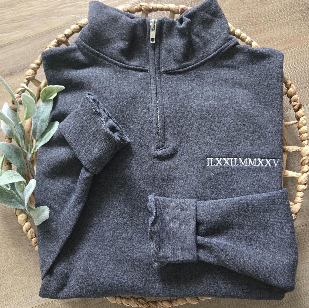 Custom Roman Numeral Embroidered Pullover with Quarter-Turn Zipper