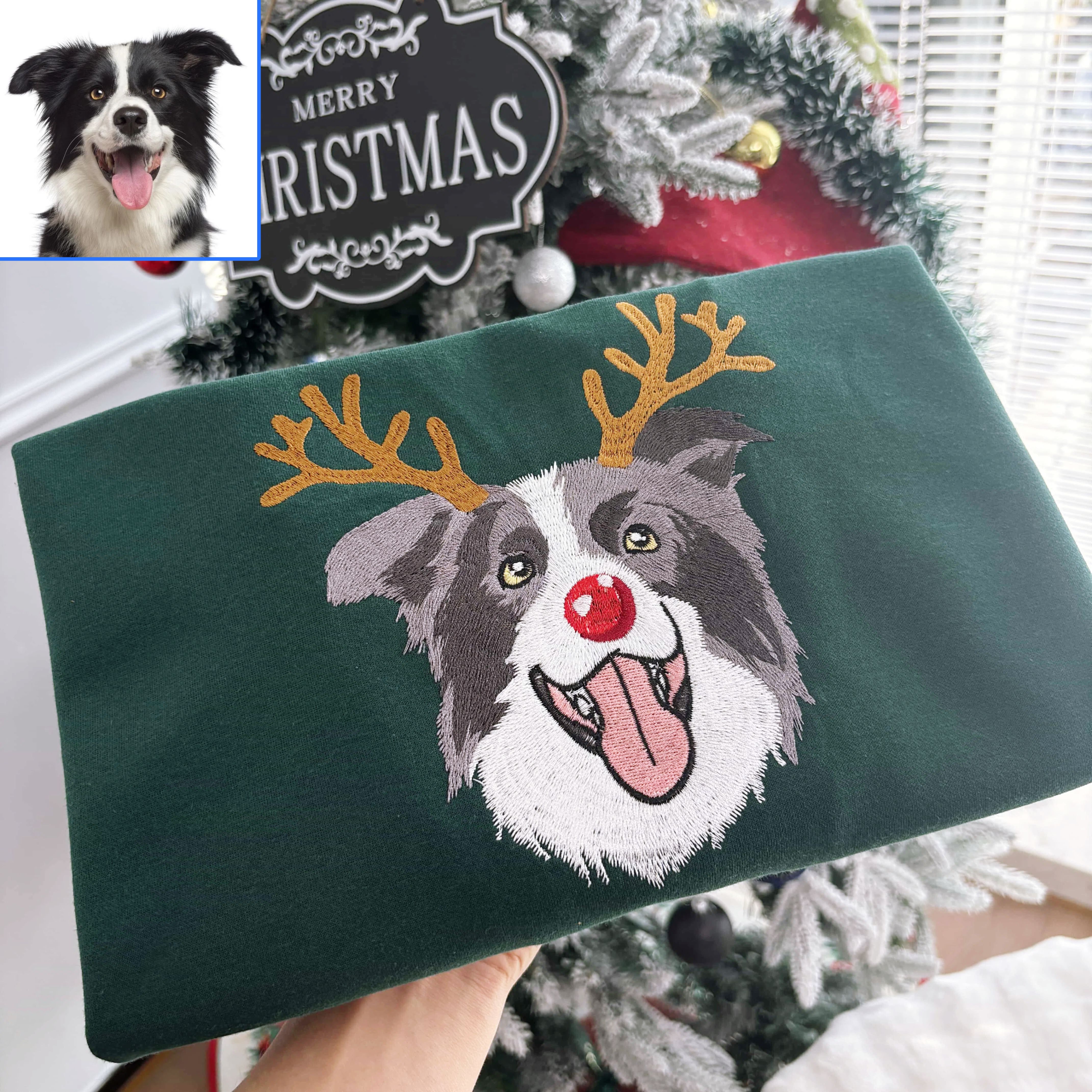 PetFiestas® Custom Dog Embroidered Christmas Sweatshirt with Funny Reindeer Design