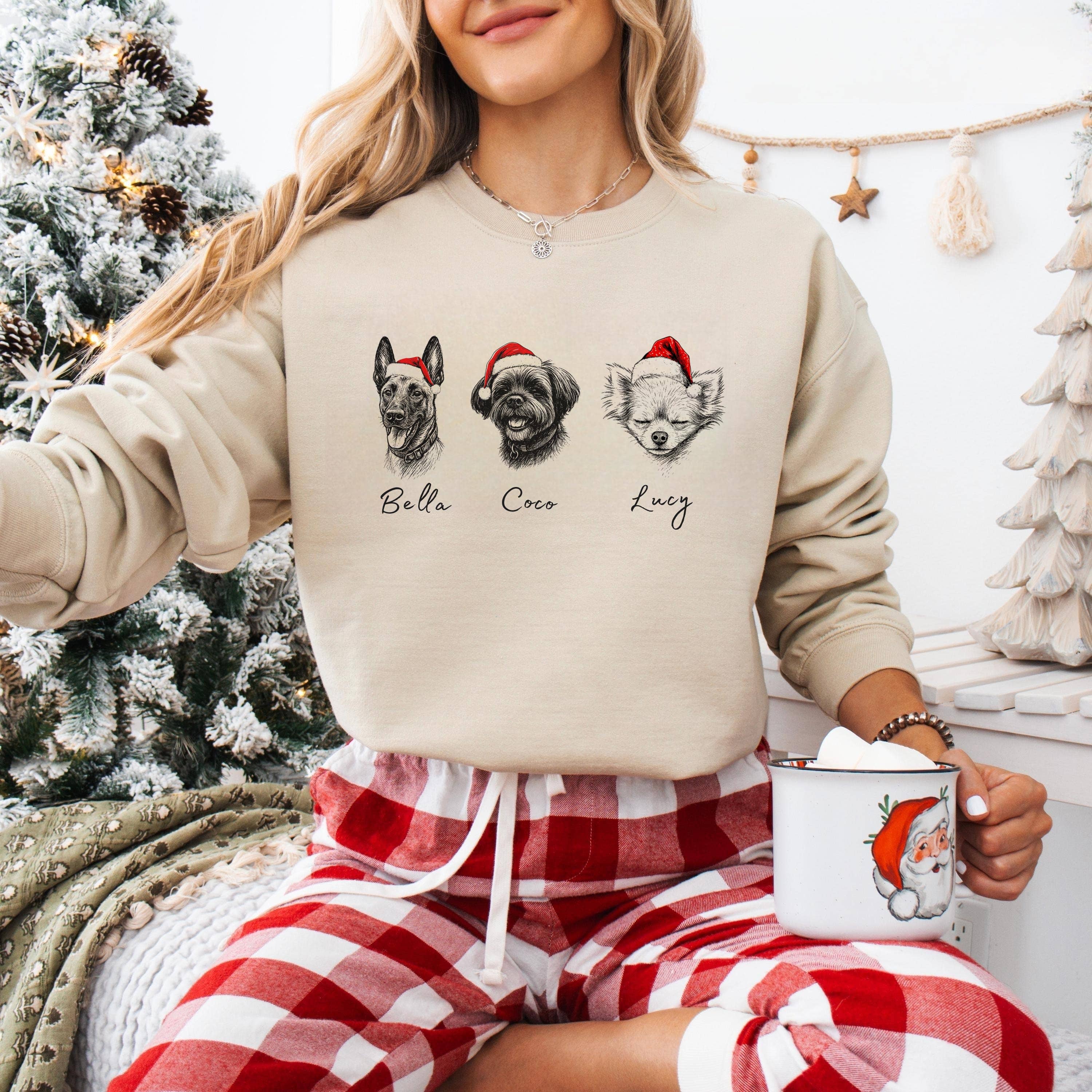 Custom Multiple Pets Christmas Sweatshirt - Personalized Dog/Cat Santa Hat Graphic Crewneck