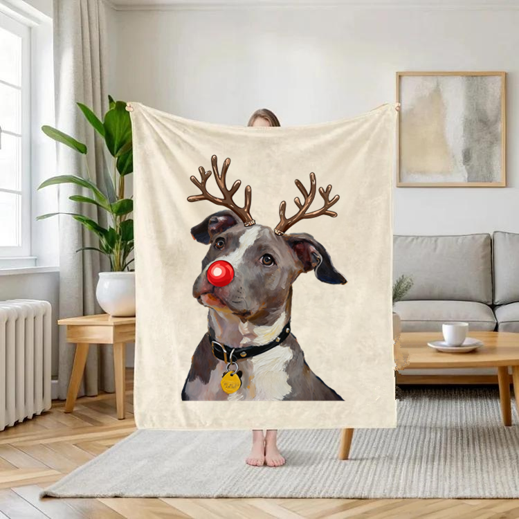 PetFiestas® Custom Pet Christmas Blanket - Personalized Dog/Cat Funny Reindeer Design Blanket