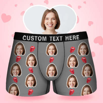 Custom Face Men's Boxer Kiss Lip Gift For Him Couple Style Underwear, Birthday Gifts for Husband, Waistband Text Boxer Gift-ilovevango