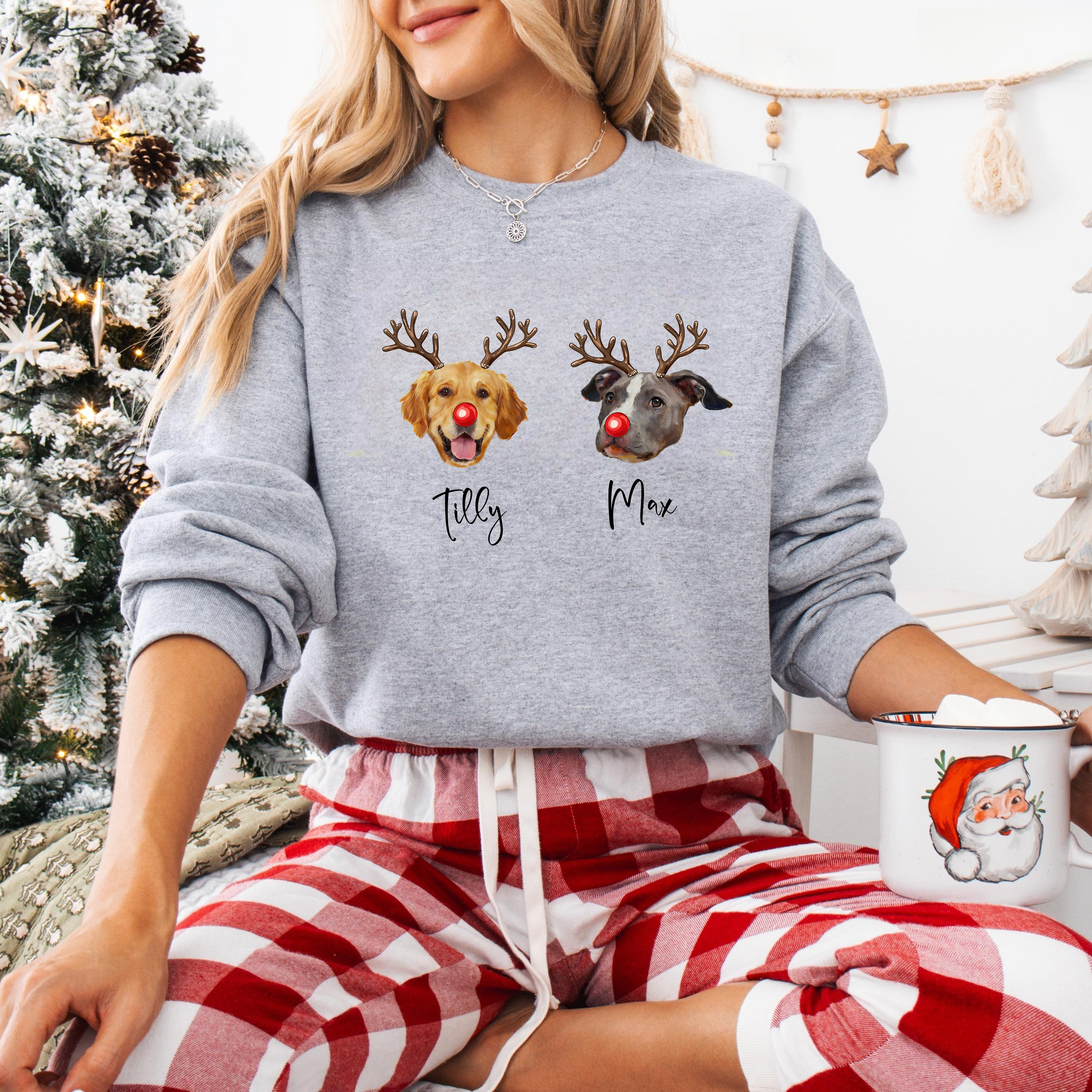 PetFiestas® Custom Multiple Pets Photo Christmas Sweatshirt, Funny Dog Reindeer Sweatshirt