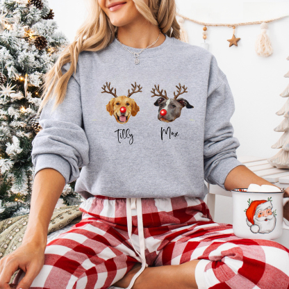 PetFiestas® Custom Multiple Pets Photo Christmas Sweatshirt, Funny Dog Reindeer Sweatshirt