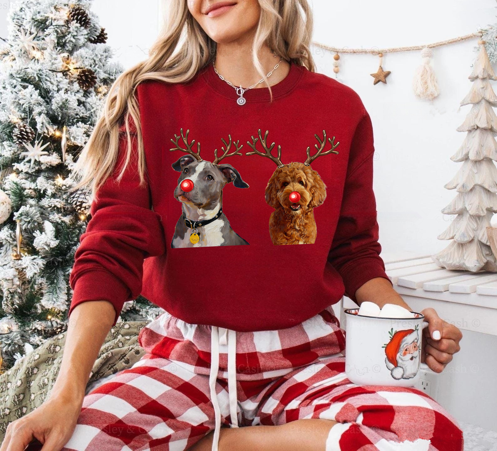 Custom Christmas Dog Photo Sweatshirt, Funny Dog Reindeer Sweatshirt