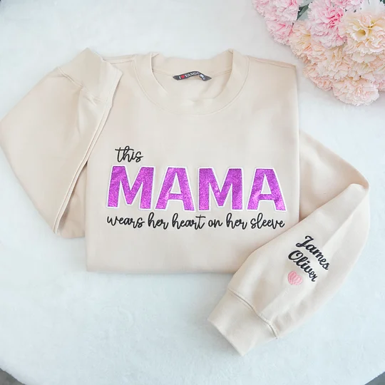 Mom Wears Her Heart on Her Sleeves Custom Embroidered T-Shirt ,Sequined Sweatshirt Gift for Mom & Nana