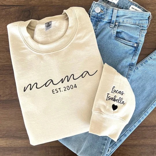Custom Embroidered Mama Sweatshirt with Date and Kids Names on Sleeve