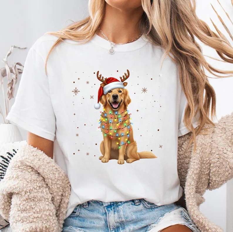 Custom Dog Christmas Shirt with Reindeer Antlers, Santa Hat & Lights