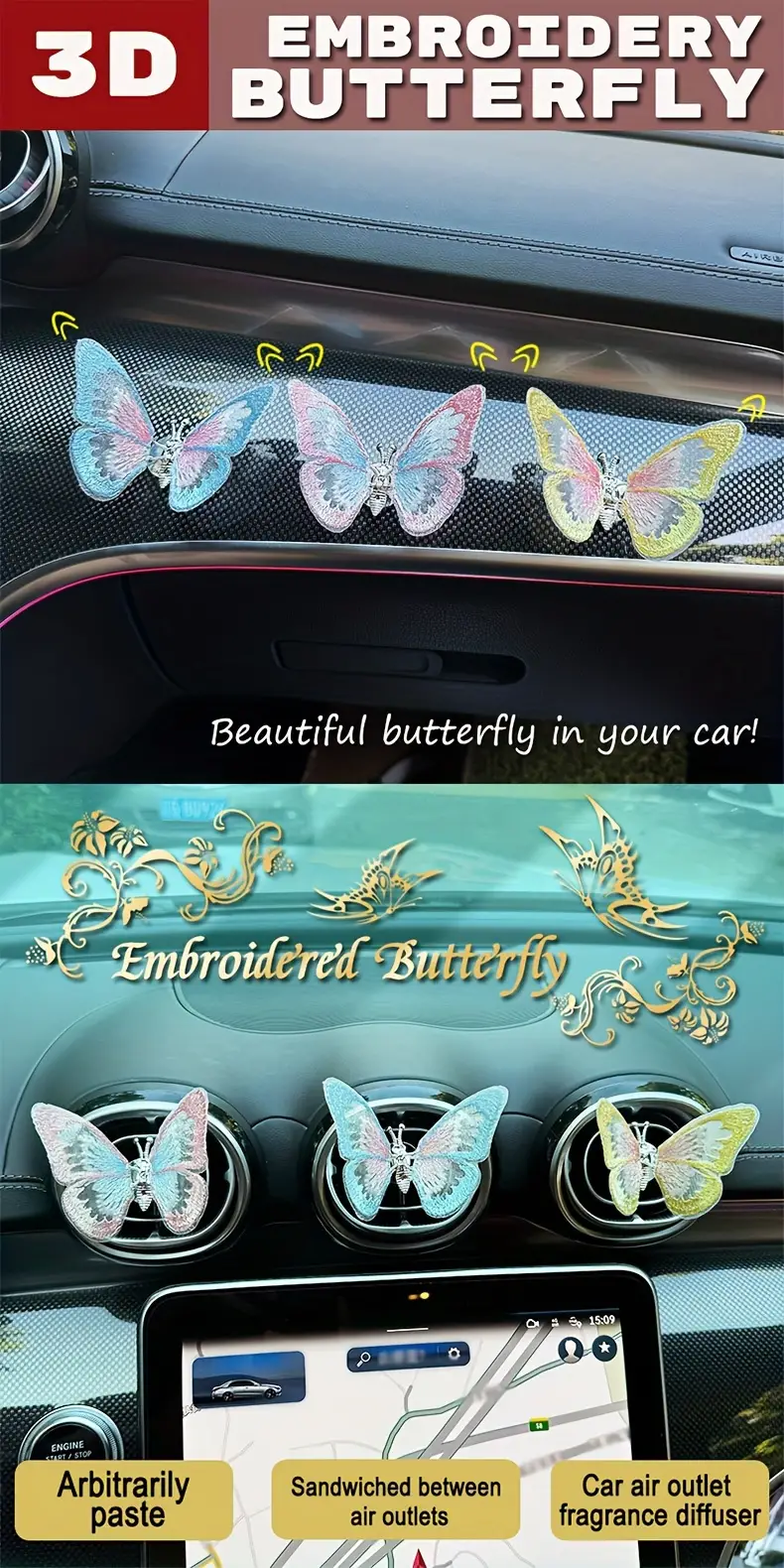 embroidered butterfly car decoration 3d butterfly ornaments moving butterfly car decoration details 0