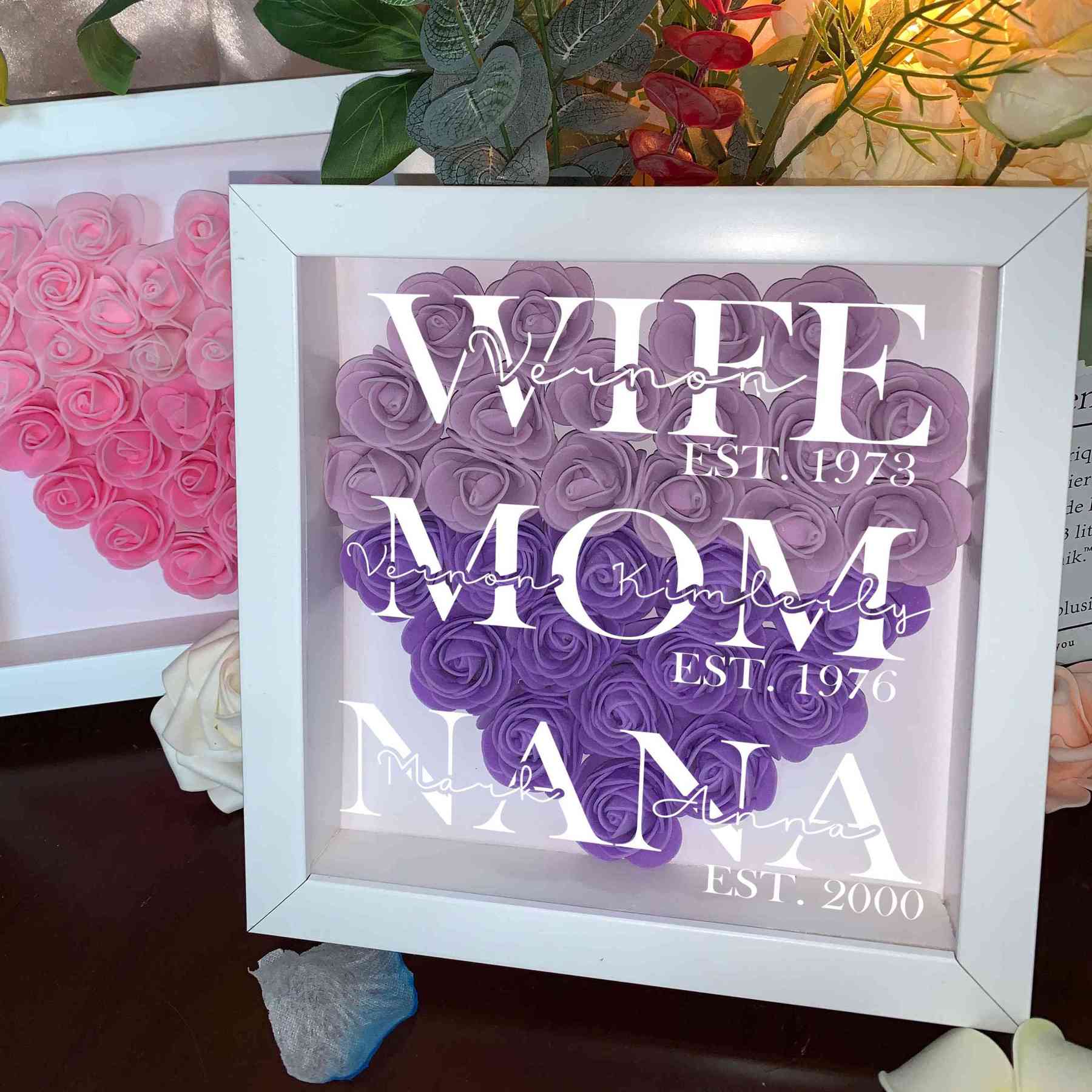 Wife Mom Grandma, Personalized Heart Flower Shadow Box, Rose Frame Box, Mother's Day Gift