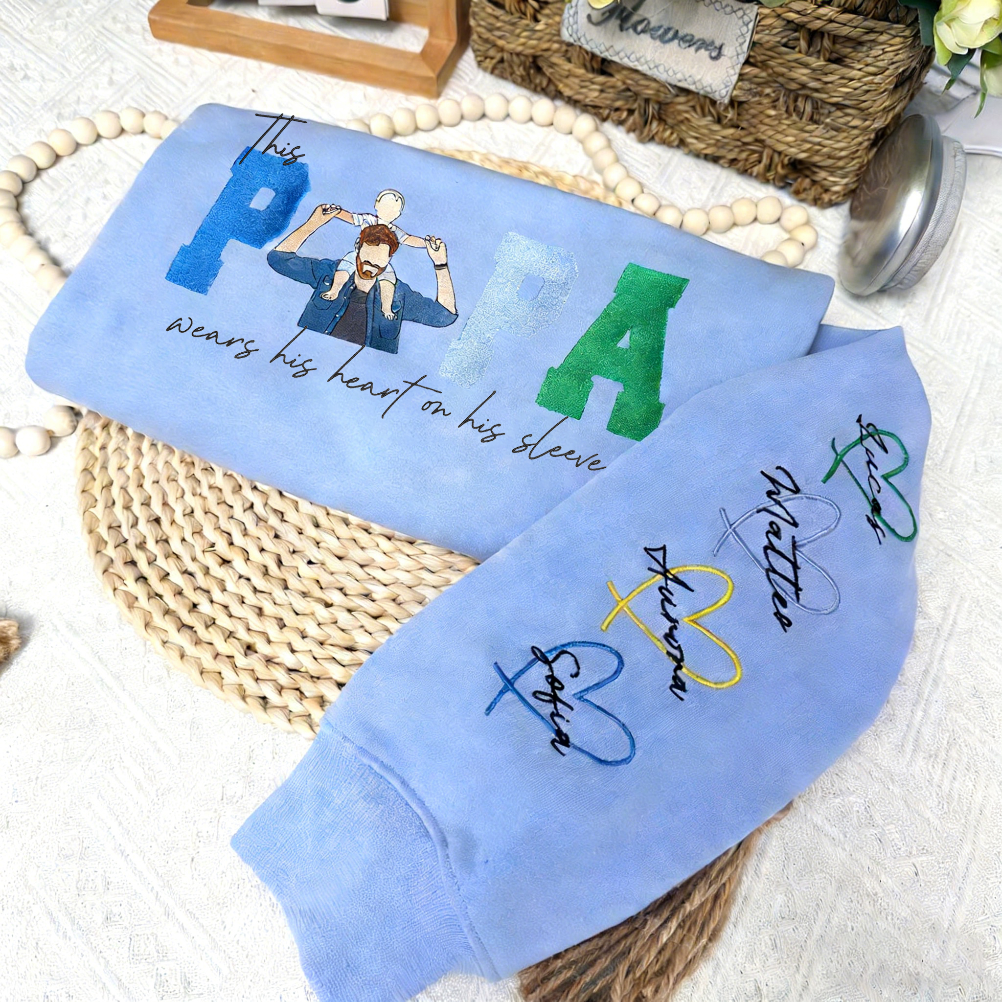 Dad Sweatshirt Custom Embroidered Portrait Heart on Sleeve Fathers Day Gift for Dad