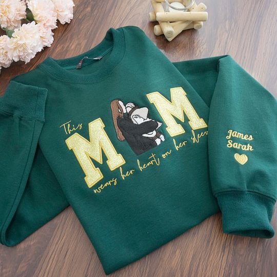 Mom Wears Her Heart on Her Sleeves Custom Glitter Mama Sweatshirt with Photo Gift for Mom Nana