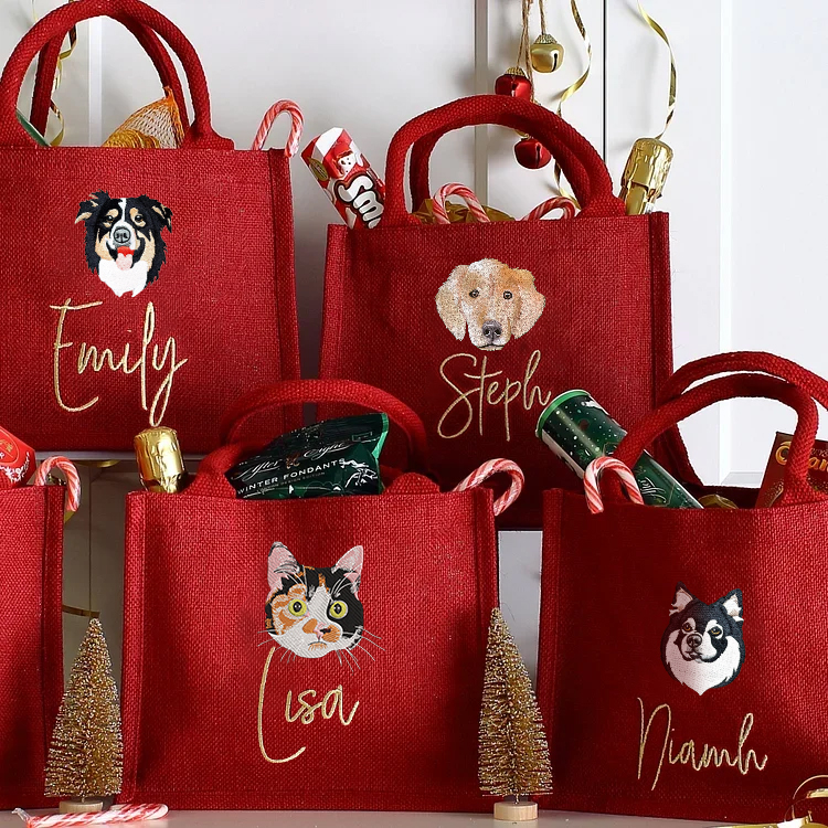 Personalized Pet Portrait Embroidered Christmas Gift Bag