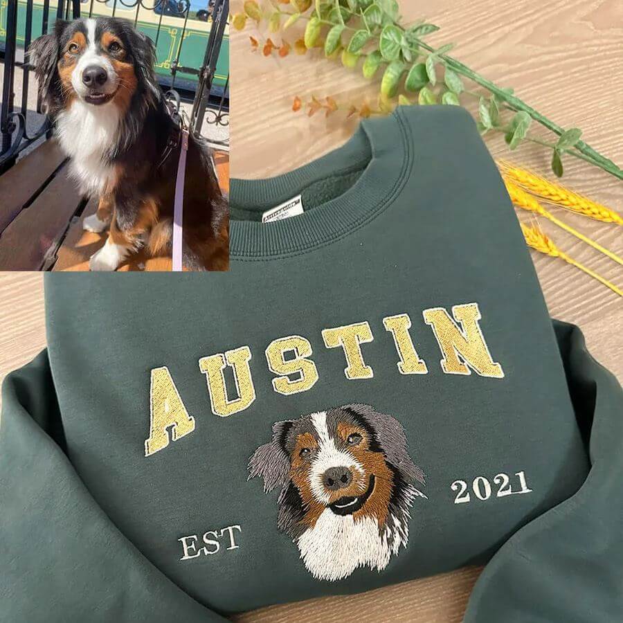 Custom Embroidered Sweatshirt With Pet Portrait and Name