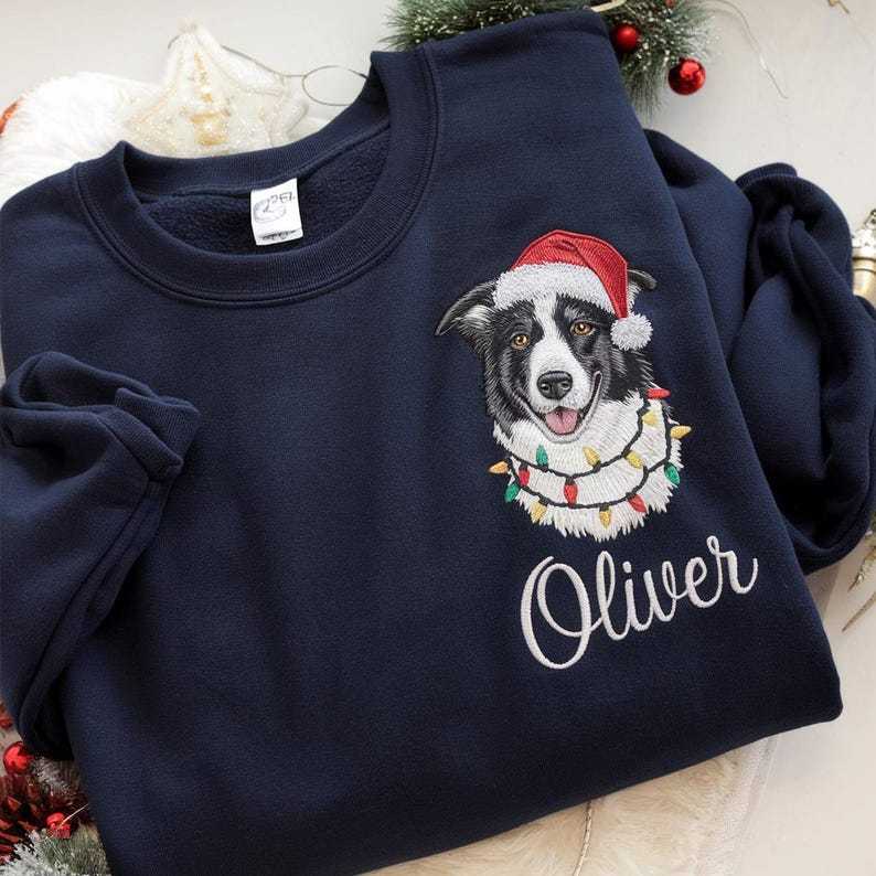 Custom Premium Handcrafted Pet Portrait Sweatshirt, Dog Embroidered Santa Paws Christmas Sweatshirt