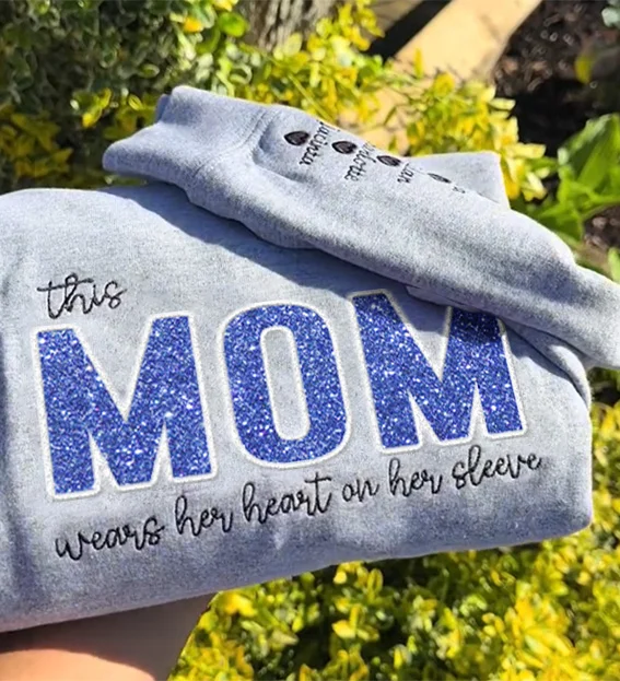 Mom Wears Her Heart on Her Sleeves Custom Embroidered T-Shirt ,Sequined Sweatshirt Gift for Mom & Nana