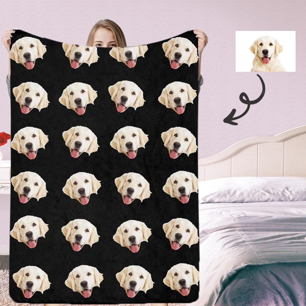 Personalized Dog Portrait Throw Blanket, Custom Blanket With Photo, Custom Pet Face Black Ultra-Soft Micro Fleece Blanket, Customized Throw Blanket For Kids/Adults/Family Gift-ilovevango