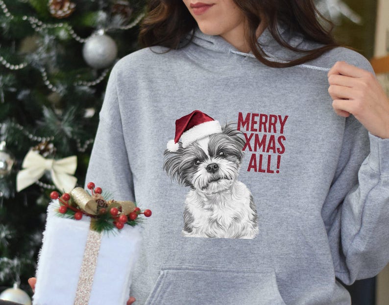 Custom Dog Face With Santa Hat Custom Glitter Text Christmas Sweatshirt Hoodie T-shirt