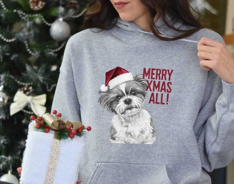 Custom Dog Face With Santa Hat Custom Glitter Text Christmas Sweatshirt Hoodie T-shirt