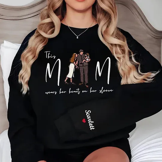 Mom Wears Her Heart On Her Sleeve Custom Photo Embroidered T-Shirt Crew Neck Hooded Sweatshirt