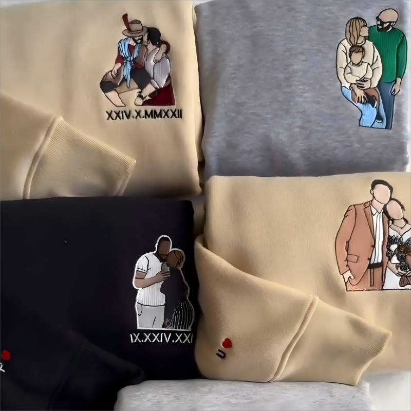 ❤️‍🔥Custom Full Color Embroidered Sweatshirt Portrait Couple/Dad/Mom - Family Gift