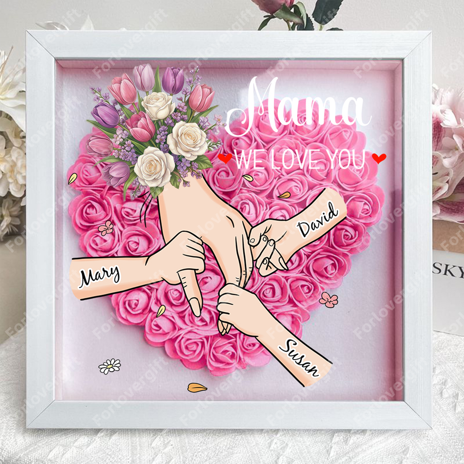 ForlovergiftTM Custom Mom Flower Shadow Box – Holding Hands Frame with Choice of Bouquet, Mother’s Day Gift