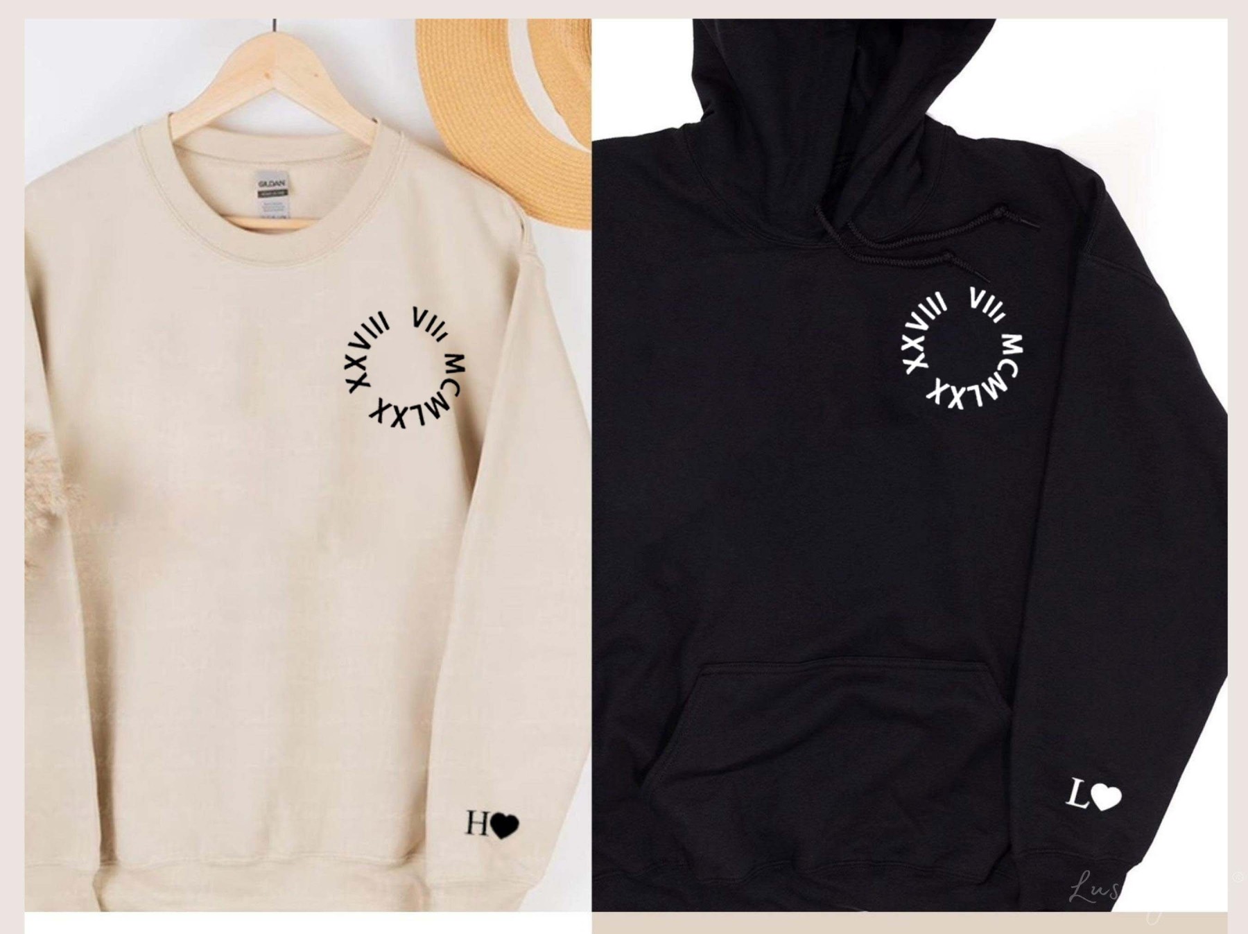 (Round) Custom Embroidered Roman Numeral Date Couple's Crewneck