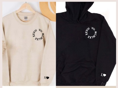 (Round) Custom Embroidered Roman Numeral Date Couple's Crewneck