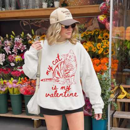 My Cat Is My Valentine Sweatshirt, Custom Cat Photo Line Art Retro Valentines Day Shirt