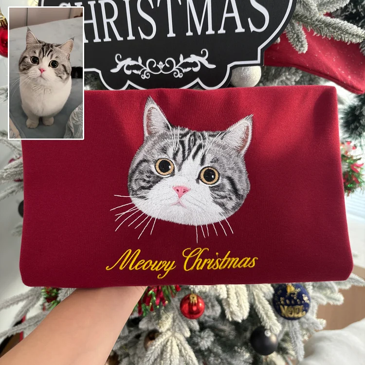Custom Christmas Pet Embroidered Sweatshirt, Custom Pet Face Hoodie Sweatshirt T-shirt