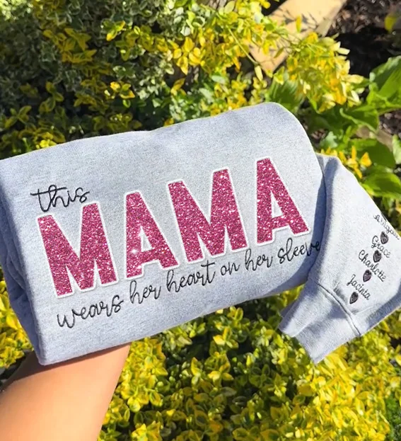 Mom Wears Her Heart on Her Sleeves Custom Embroidered T-Shirt ,Sequined Sweatshirt Gift for Mom & Nana