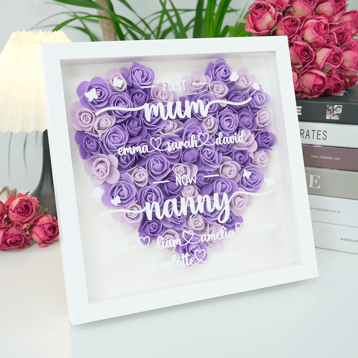 Personalized First Mum Now Grandma Flower Shadow Box, Shadowbox Heart Mom Frame Gift