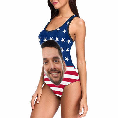 Custom Husband Face American Flag Swimsuit Personalized Tank Top One Piece Bathing Suit Celebrate Holiday Party-ilovevango