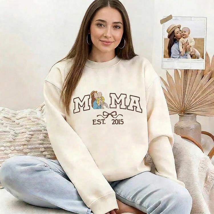Custom Mama Mom T-Shirt Sweatshirt with Photo and Kids Portrait with Bow Embroidery
