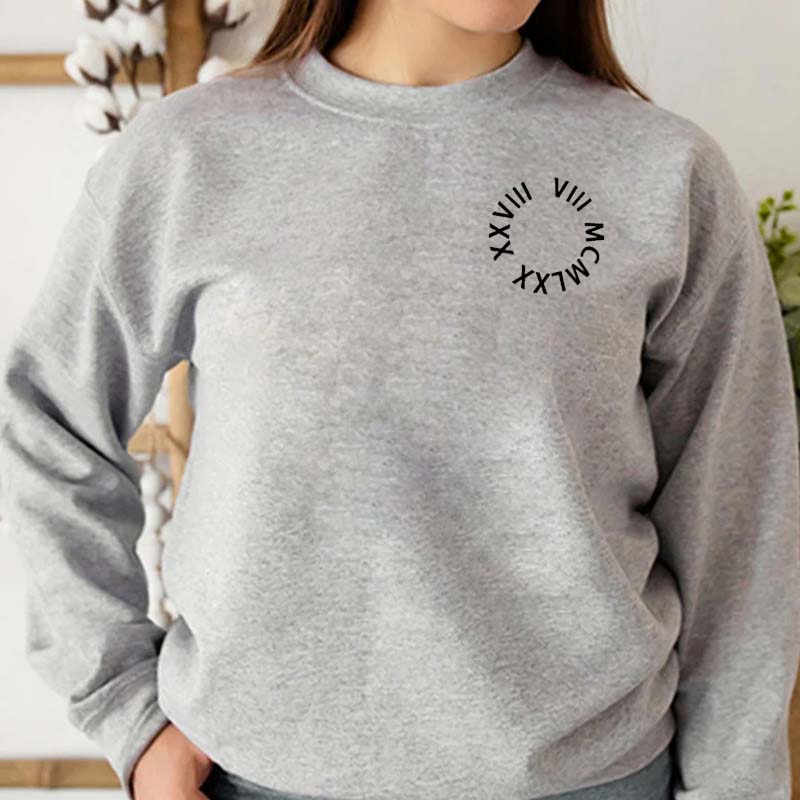 (Round) Custom Embroidered Roman Numeral Date Couple's Crewneck