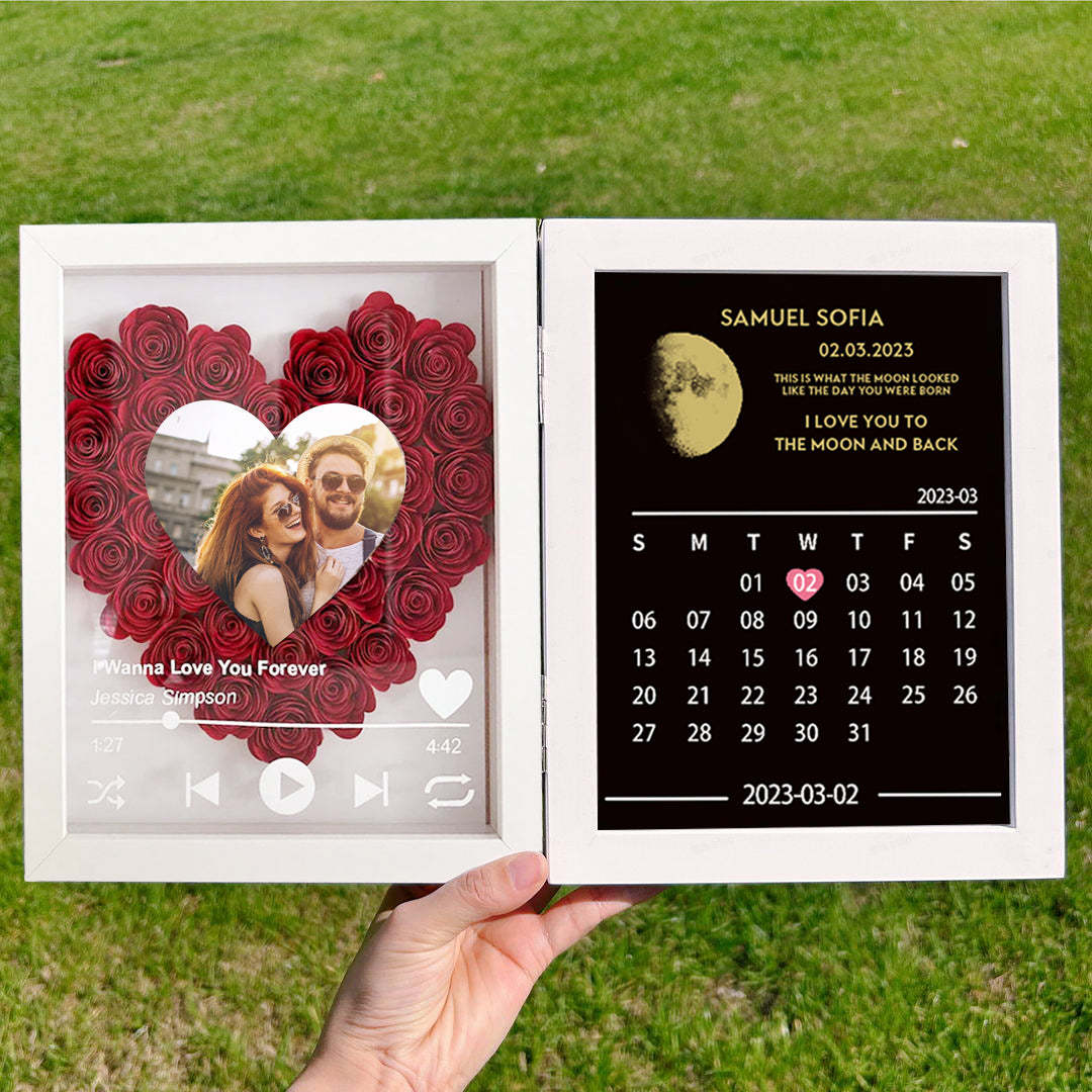 (Heart With Song) Custom Flowers Frame with REAL MOON PHASE Anniversary Calendar-ilovevango