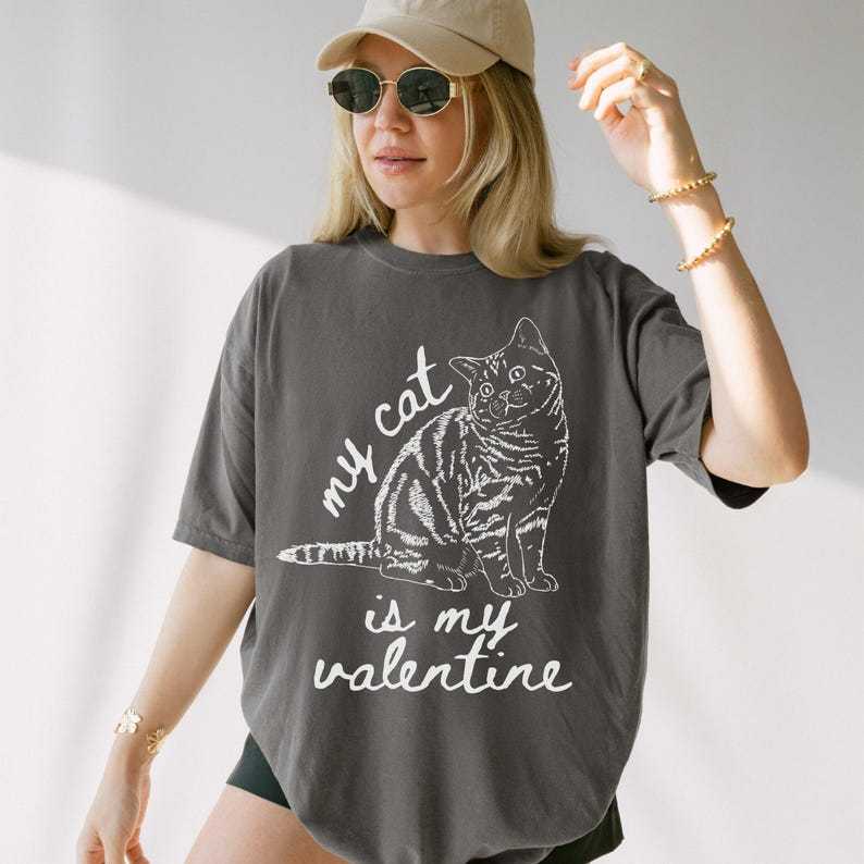 My Cat Is My Valentine Sweatshirt, Custom Cat Photo Line Art Retro Valentines Day Shirt