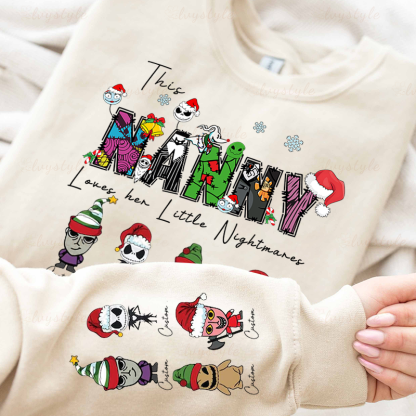 Personalized This Mom Loves Her Little Nightmares Sweatshirt, Custom Nightmare Christmas Mom Shirt With Kids Name, Christmas Family Gift