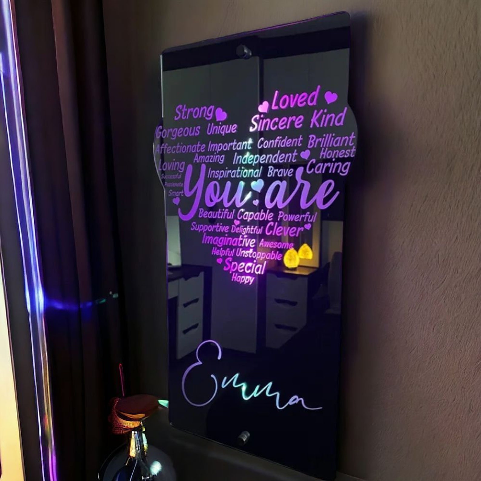 Personalized Heart Affirmation Mirror Light Sign, Customized Name LED Light