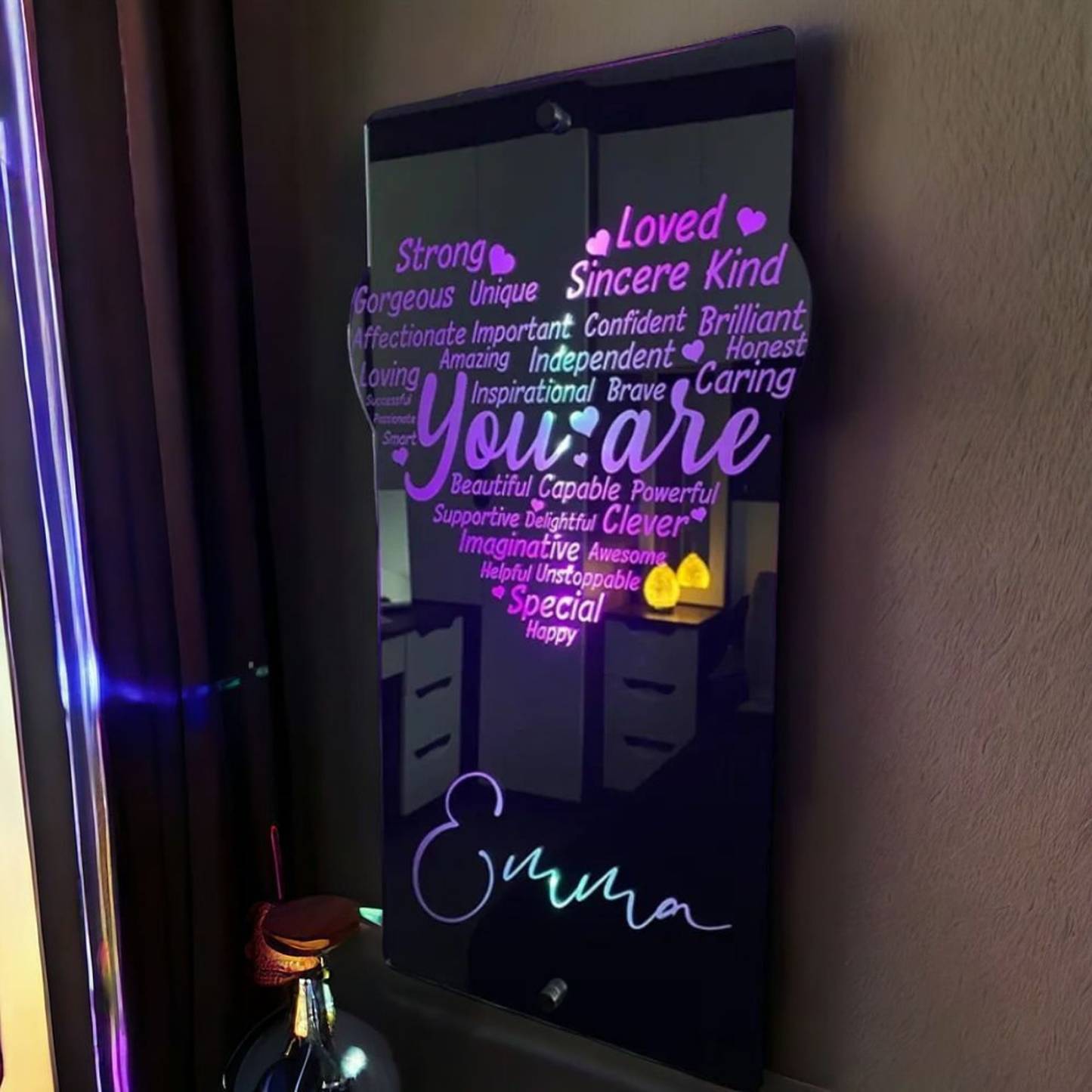 Personalized Heart Affirmation Mirror Light Sign, Customized Name LED Light