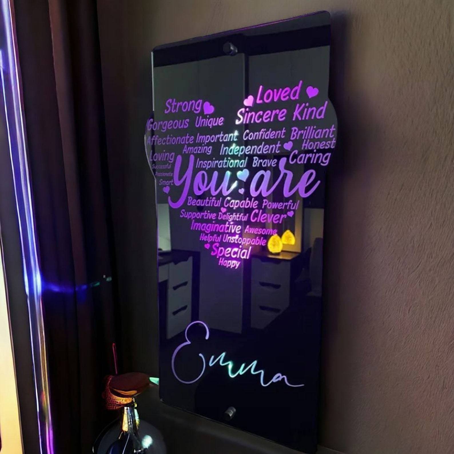 Personalized Heart Affirmation Mirror Light Sign, Customized Name LED Light