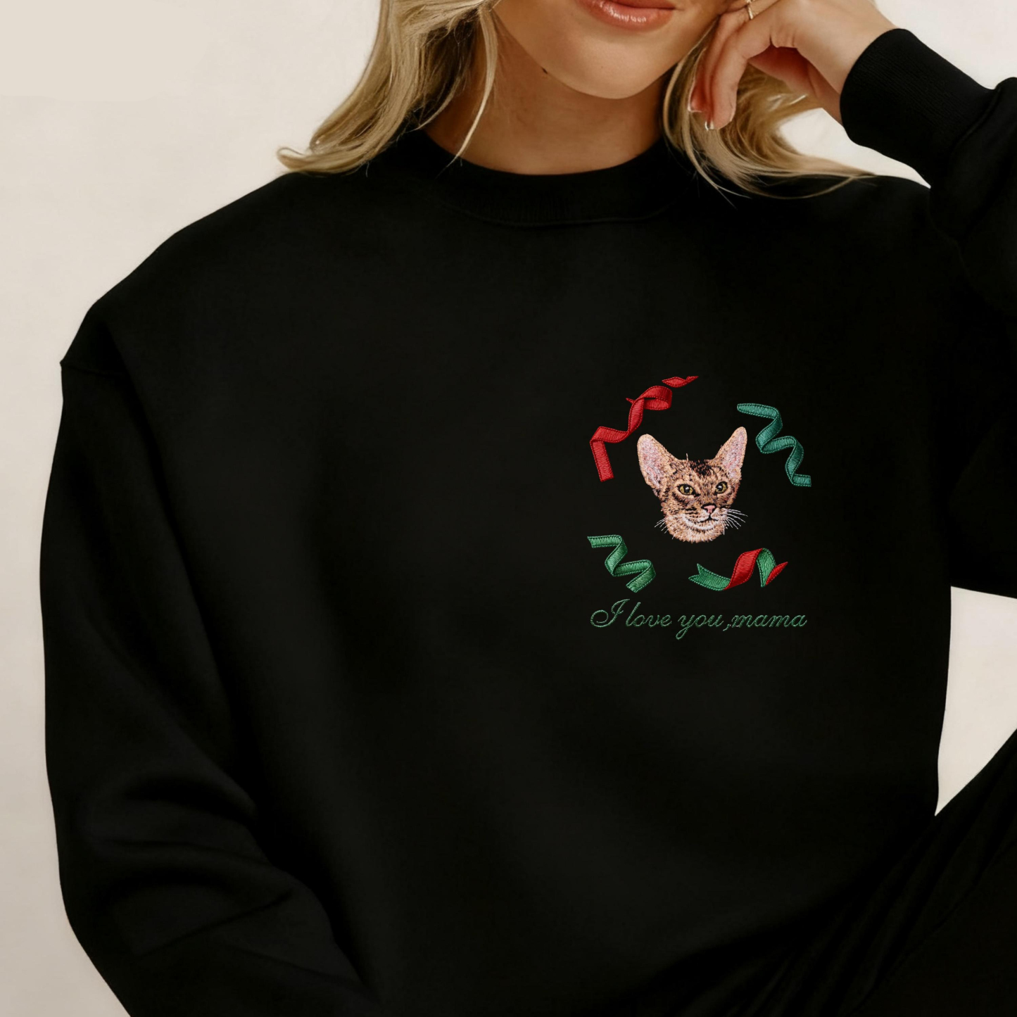 Custom Christmas Pet Portrait Embroidered Sweatshirt with Christmas Ribbons Wreath Design