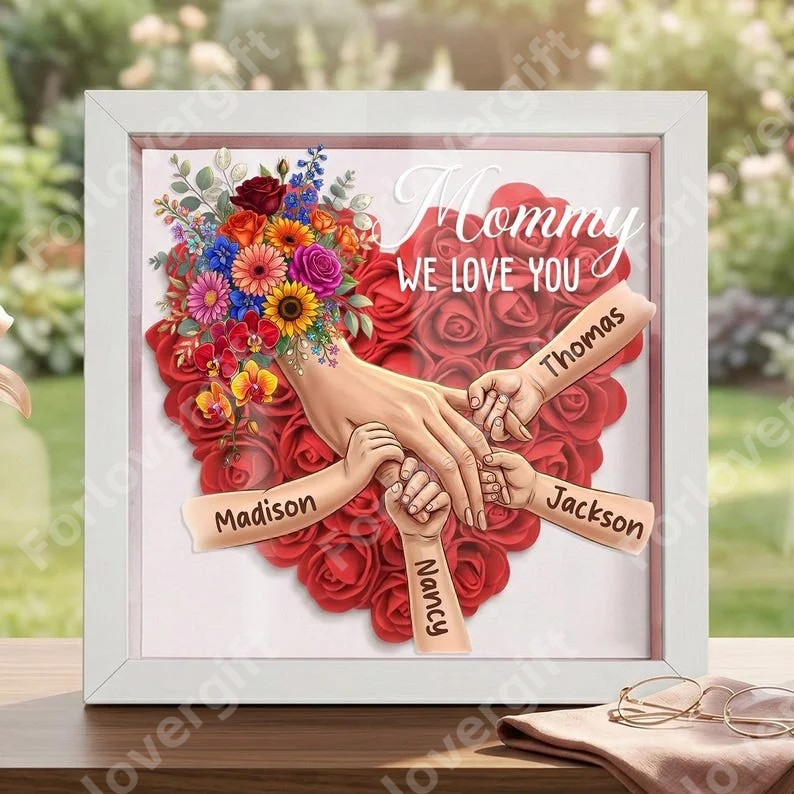 Personalized Mommy Holding Hands Shadow Box with Ring & Manicure – Custom Kids Names Floral Heart Frame, Premium Mother’s Day Gift