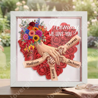 Personalized Mommy Holding Hands Shadow Box with Ring & Manicure – Custom Kids Names Floral Heart Frame, Premium Mother’s Day Gift