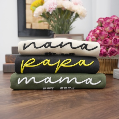Custom 3D Embroidered Sweatshirt with Date and Kids Names on Sleeve, Gifts For Mama, Papa & Nana
