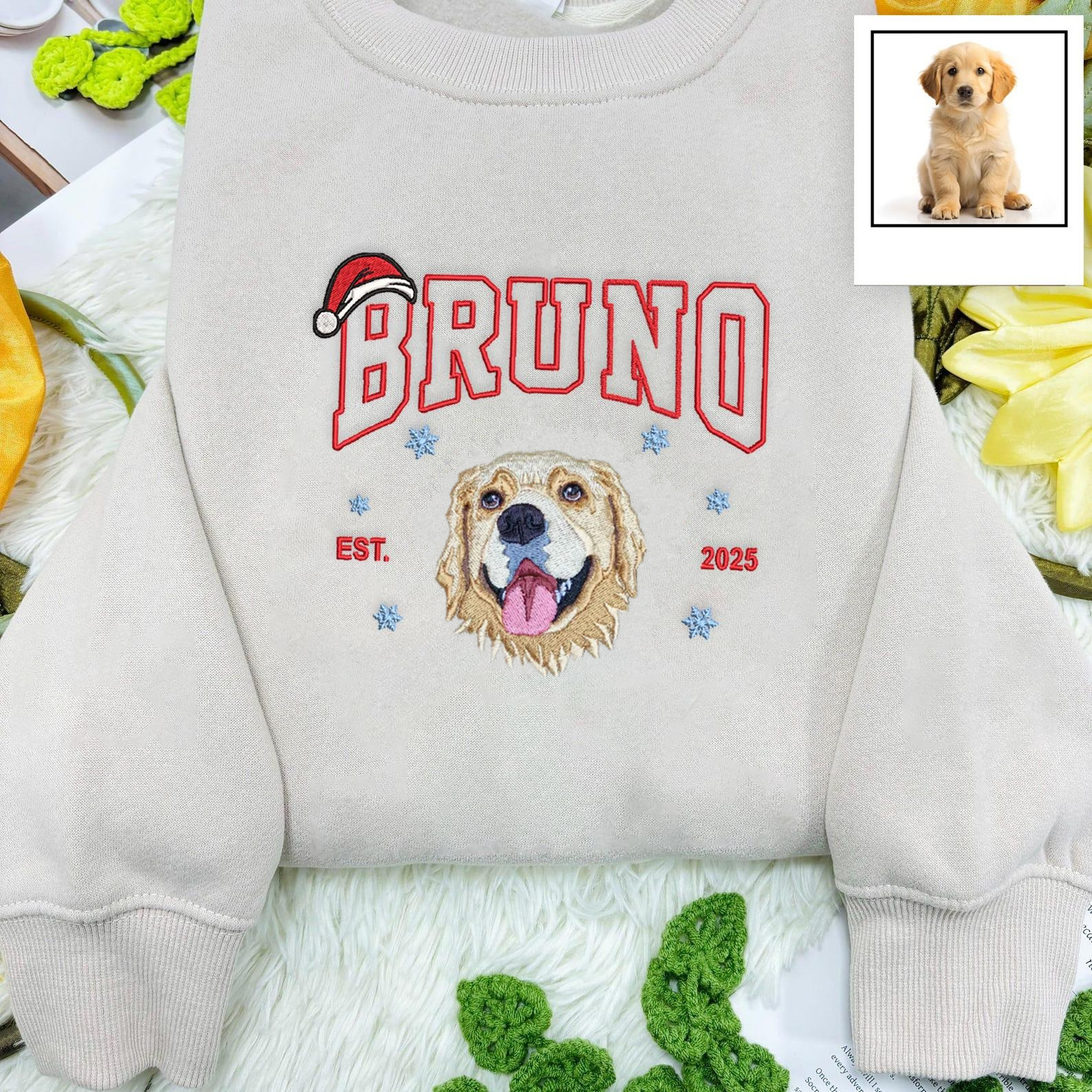 Custom Dog Cat Portrait Embroidered Christmas Sweatshirt