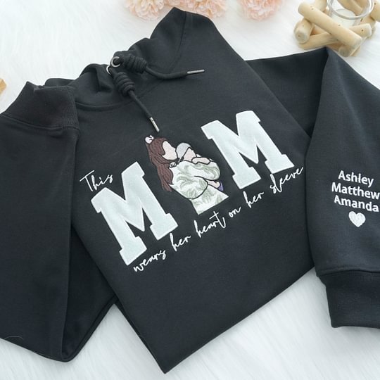 Mom Wears Her Heart on Her Sleeves Custom Glitter Mama Sweatshirt with Photo Gift for Mom Nana