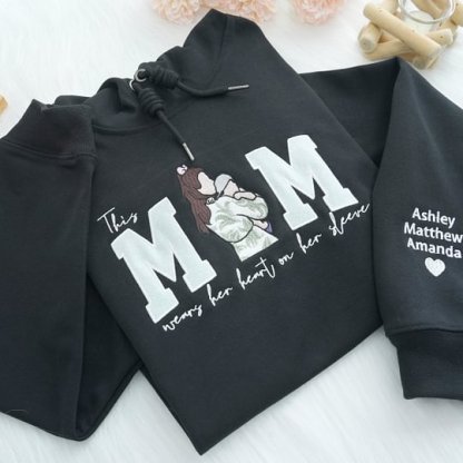 Mom Wears Her Heart on Her Sleeves Custom Glitter Mama Sweatshirt with Photo Gift for Mom Nana
