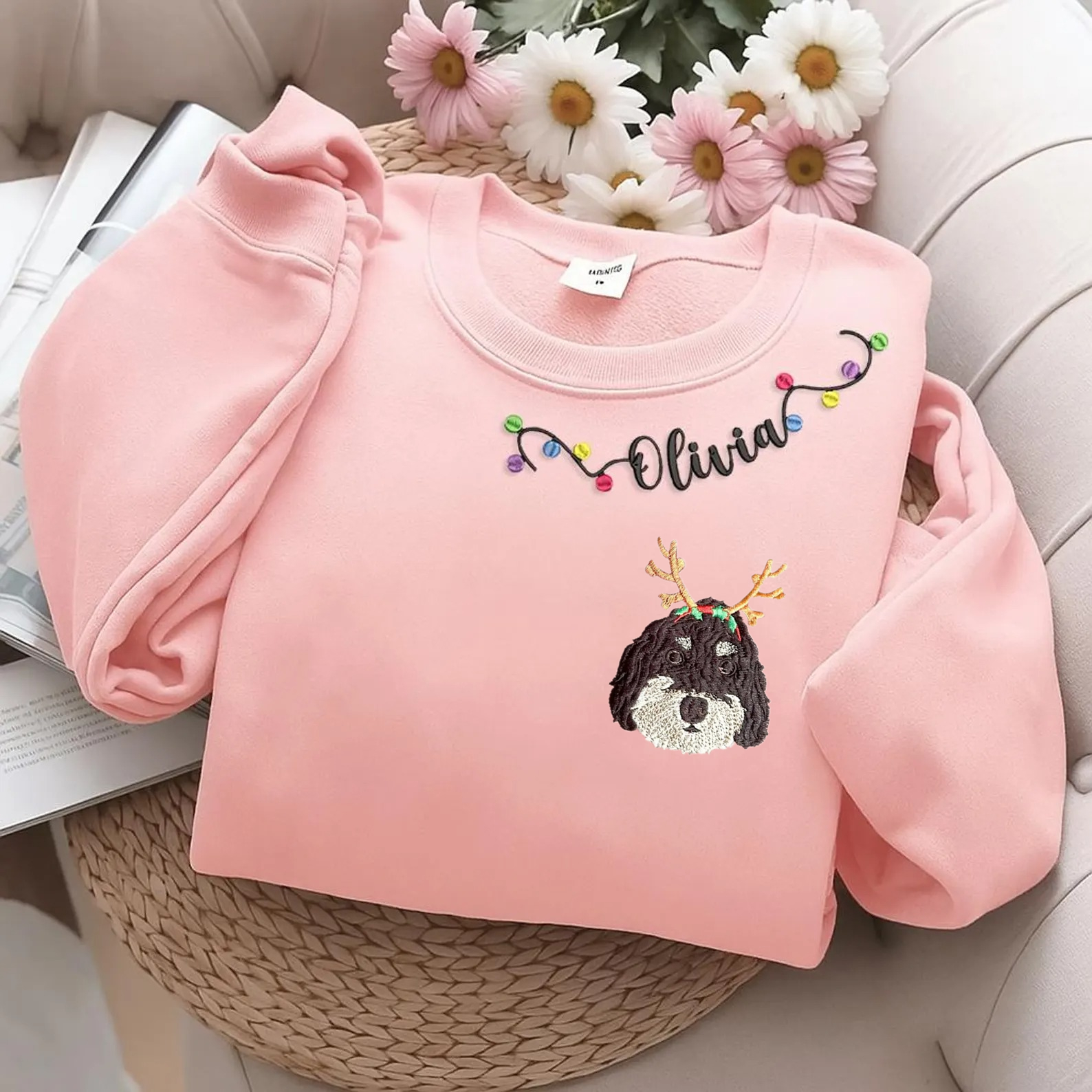 PetFiestas® Custom Pet Embroidery with Name & Mistletoe Neckline – Sweatshirt, Hoodie, T-Shirt