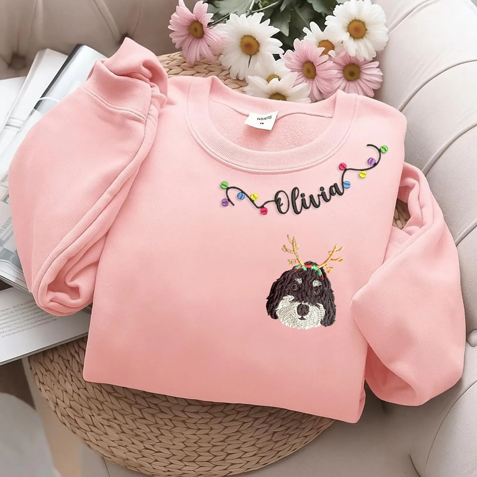 PetFiestas® Custom Pet Embroidery with Name & Mistletoe Neckline – Sweatshirt, Hoodie, T-Shirt